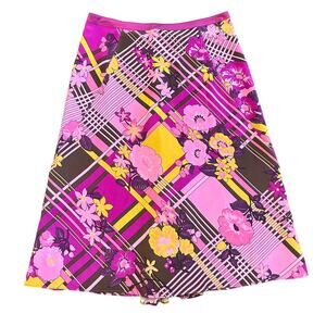 Tibi Womens silk skirt magenta marigold floral plaid pattern Size 0